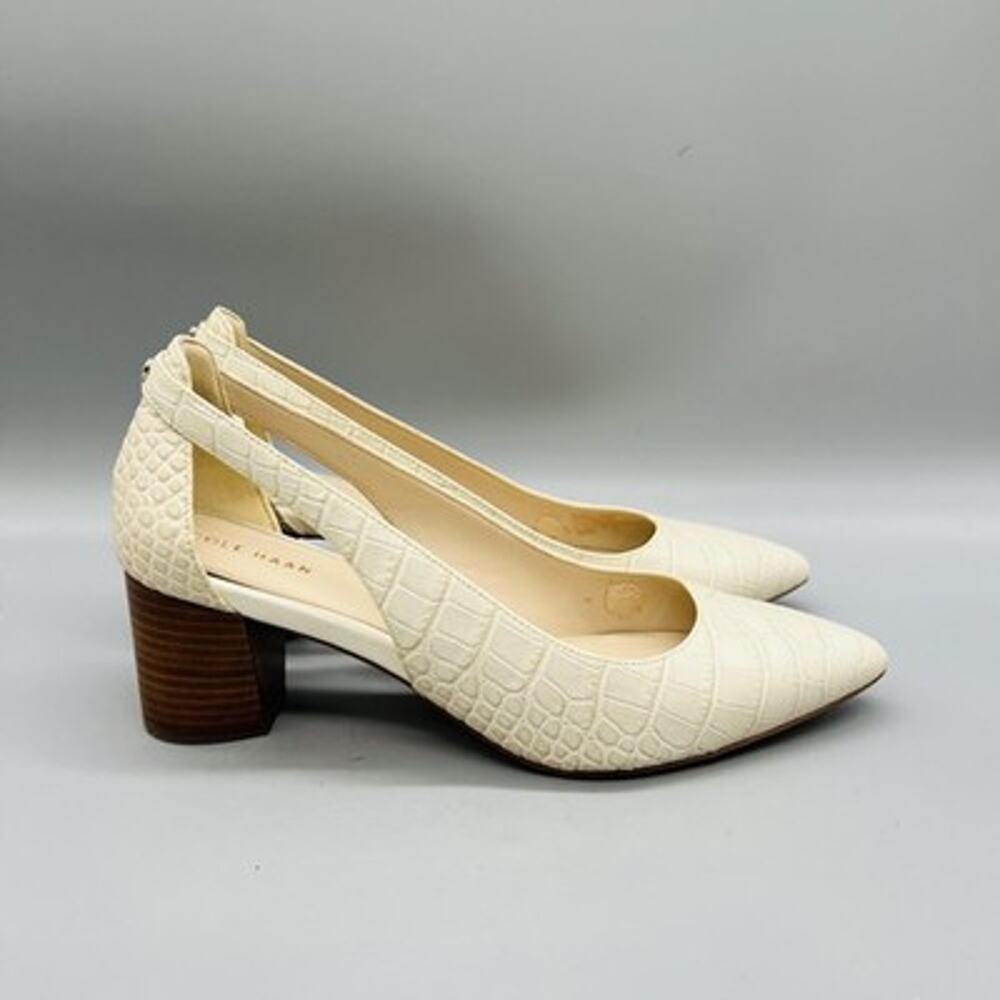 Cole Haan Shoes Womens 8.5 White Croc Embossed Leather Cutout Block Heel Pumps